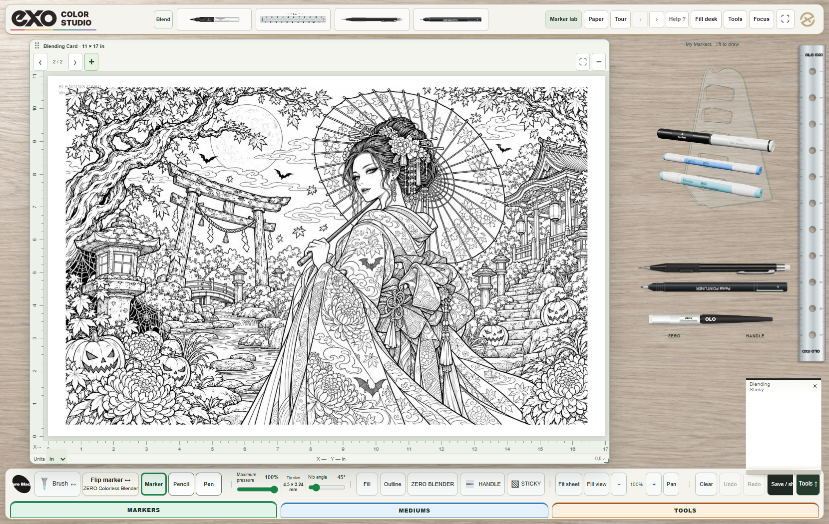 The actual Vampire Garden project fitted to an 11 by 17 landscape sheet in EXO Color Studio