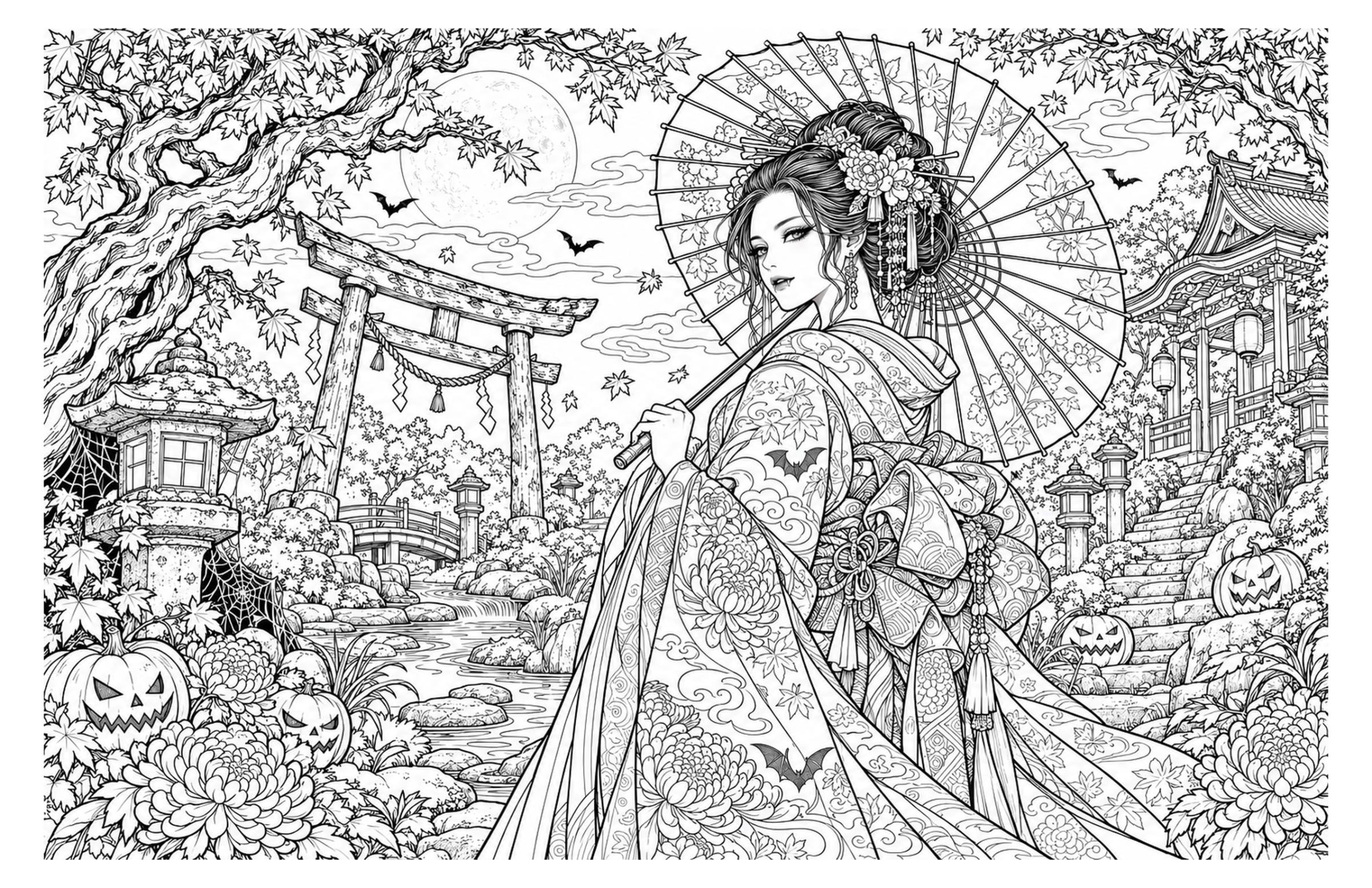 Detailed Japanese vampire garden coloring art with a parasol, shrine, pumpkins and bats